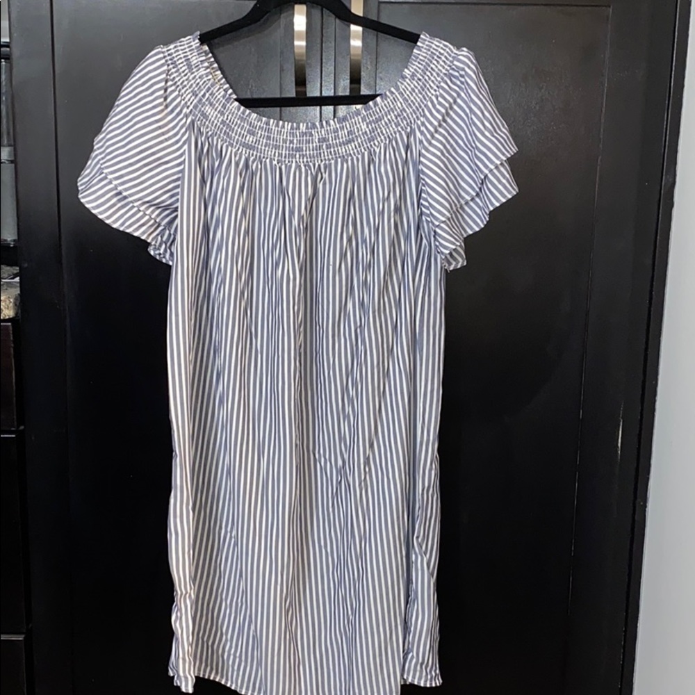 Blue Striped Off the Shoulder Dress